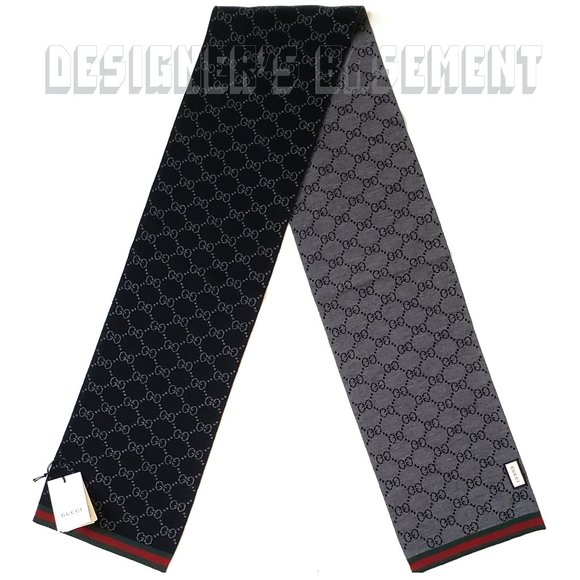GUCCI black /gray SOLANGE Original GG red & green WEB wool reversible long scarf - Picture 3 of 7
